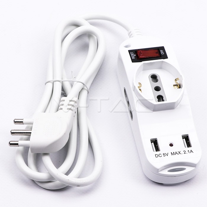2 vtičnici 2P+T 10/16A bipasso + 1 vtičnica bipasso/Schuko z zaščito pred prenapolnjenjem 250V~Max:3500W kabel H05VV-F 3G1.0mmX1.5m z vtičem 16A 2P+T z 2 USB, USB vhod: ACC110-230V~50-60Hz USB izhod DC5V±5% Max izhodna moč: 2.1A